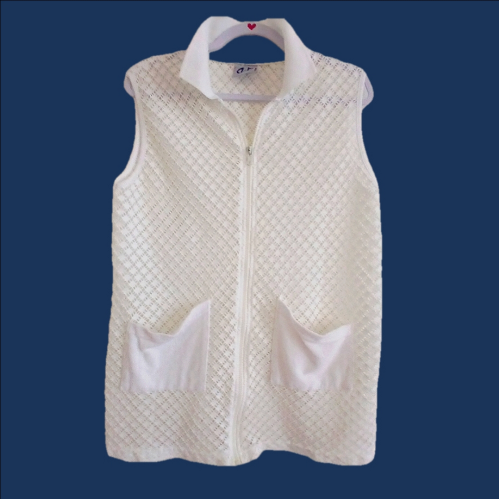 R & R  White open Knit Sleeveless Front Zip Swim Cover-up  Sz L 10-12